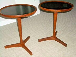 Set 2 Hans C Andersen Danish Mid - Century Modern Round Side Table Teak Black Top