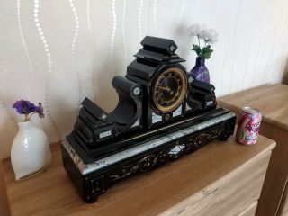 Stunning Large French Slate & Marble Mantel Clock by Japy Freres,  Serviced G.  W.  O 11