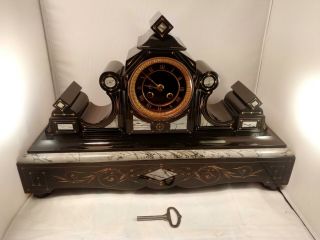 Stunning Large French Slate & Marble Mantel Clock by Japy Freres,  Serviced G.  W.  O 2