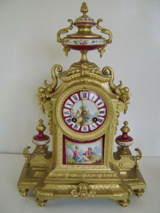Large Antique Mantle Clock French Gilt Sevres Bell Striking For Restoration