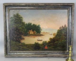 Rare Folk Art 19th C Oil Painting Of An Old River Valley With Boat And People