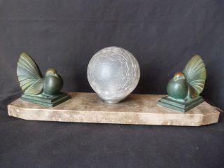 French Art Deco Metal Green Patina Birds Statue Lamp Marble Glass Attr Verrier