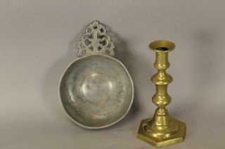 18th C Pewter Porringer With A Fully Developed Cut And Decorated Handle