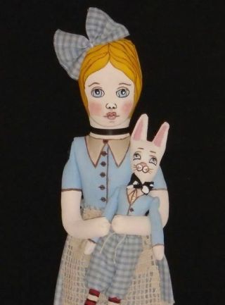 Primitive Folk Art Doll " Alice In Wonderland,  White Rabbit Ooak Collectible