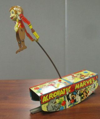Vintage Marx Acrobatic Marvel Tin Litho Wind Up Monkey Circus Toy