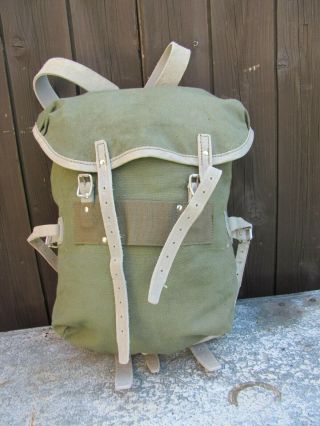Vintage Norwegian Army Canvas And Leather Rucksack Patrol Combat Day Pack