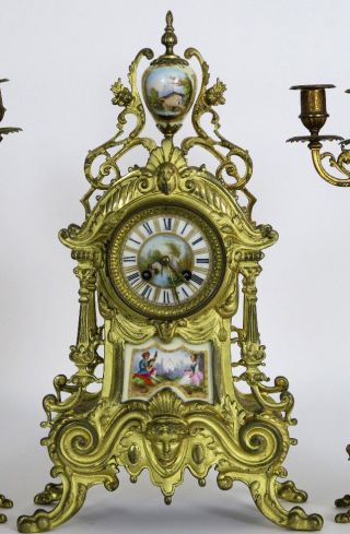 Antique French Bronze Clock With Porcelain Plaques Victorian Putti