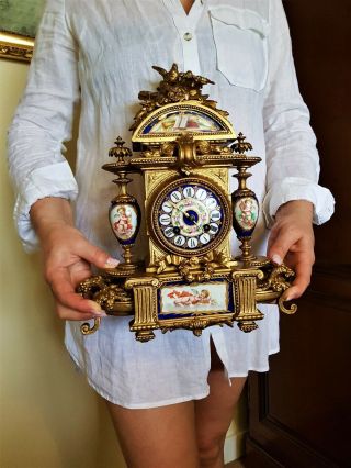 Antique French Gilt & Porcelain Panels Mantel Clock.