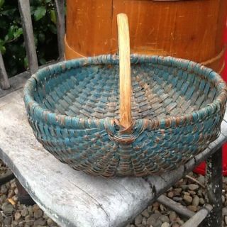 Early Primitive Small Woven Oak Shaker Basket Old Blue Paint