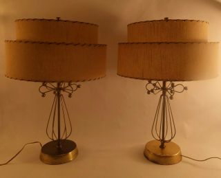 Pair Mid Century Modern Metal Atomic Table Lamps Two Tier Fiberglass Shades