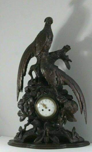Large Antique 19thc Black Forest Carving Of Pheasants Mantle Clock