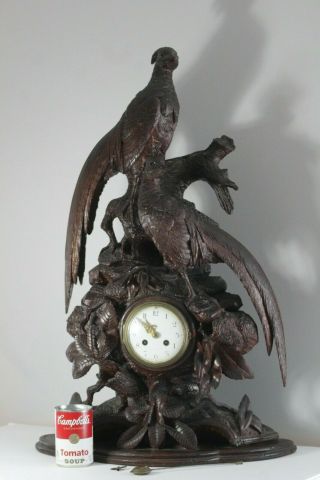 Large Antique 19thC Black Forest Carving of Pheasants Mantle Clock 2