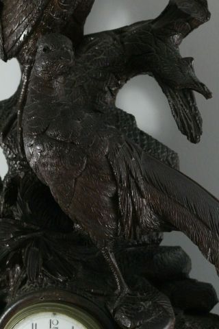 Large Antique 19thC Black Forest Carving of Pheasants Mantle Clock 4