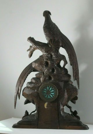 Large Antique 19thC Black Forest Carving of Pheasants Mantle Clock 8