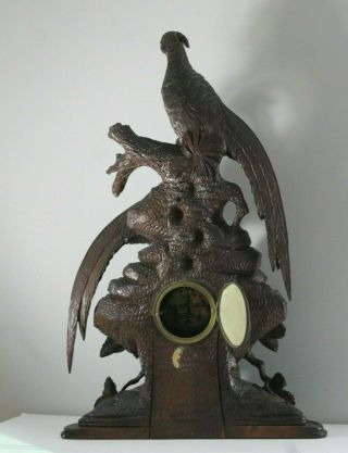 Large Antique 19thC Black Forest Carving of Pheasants Mantle Clock 9