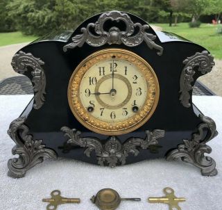 1910’s Antique Ansonia Metal Mantel Shelf Clock Correctly