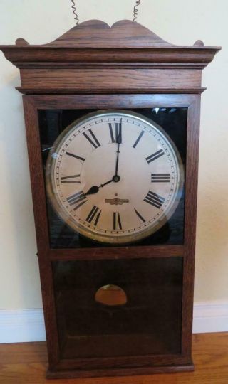 Antique Vintage Oak Office,  School,  Store Electric Wind Pendulum Clock
