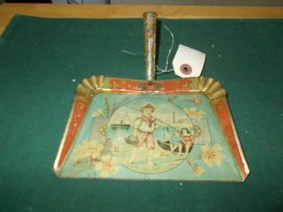 Late 1800s Victorian Tin Litho Toy Dustpan With Boy Fishing 2 Girls Sitting In B