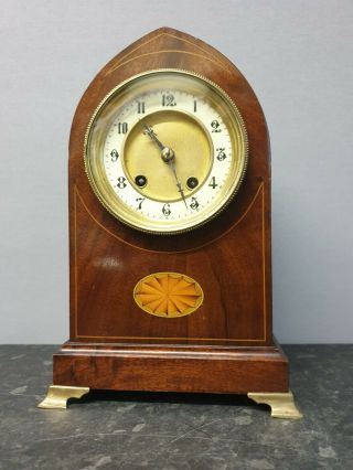 Antique Lancet Top Mahogany Bracket Clock With Strike And Marquetry Inlay