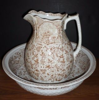 Large Staffordshire Brown Transfer Cashmere Aesthetic Movement Pitcher & Bowl