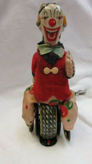 Vtg T.  P.  S.  Japan Tin Litho Wind Up Circus Clown On Unicycle Tricky Cyclist