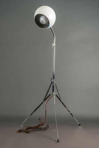 Vintage Midcentury Gooseneck Eyeball Floor Lamp White Shade & Chrome Tripod Base