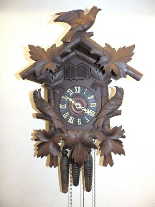 Old Black Forest Cuckoo Quail Clock With 3 Weights Sign.  Freiburg Germany