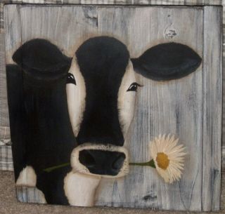 Primitive Hp Folk Art Prim Black & White Cow Daisy Reclaimed Wood