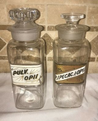 2 Antique 19th Century Opium Apothecary Bottles Jars Glass Label Ground Stopper