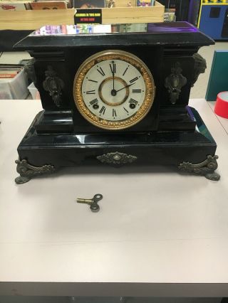 Antique Ansonia Iron Case Mantle Clock With Indian Head Decorations 11 " Tall