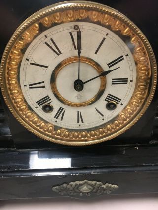 Antique Ansonia Iron Case Mantle Clock with Indian Head Decorations 11 