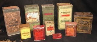 10 Vintage Apothecary Drug Pharmacy Chemical Storage Tins - Advertising