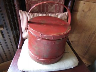 Vintage 7 1/4 " Tall Firkinsugar Bucket - 3 Wood Finger Bands - Confederate Red