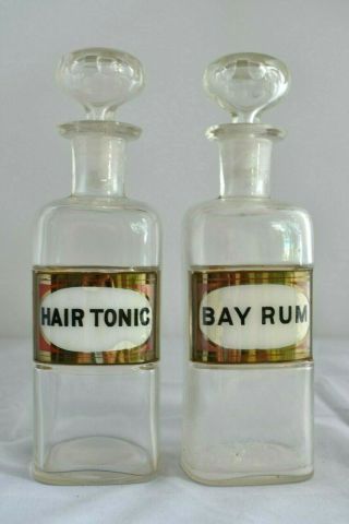 Antique Pair Bay Rum Hair Tonic Label Under Glass Barber Shop Apothecary Bottles