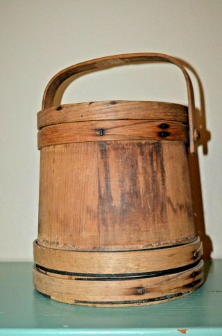 Antique Wooden Firkin Sugar Bucket Round Head Nails Pegged Swing Handle 10 "
