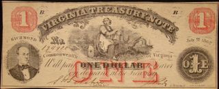 1862 Dated $1.  00 Virginia Treasury Note (richmond) Choice Uncirculated Civil War