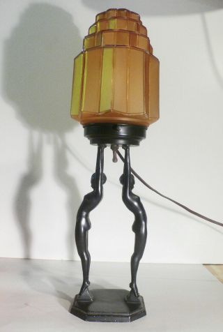 Frank Art Art Deco Double Lady Lamp With Golden Spritsdekor Shade