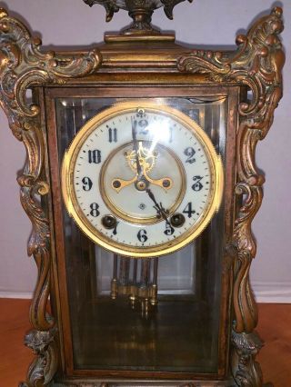Antique Ansonia Marchioness Mantle Clock Open Escapement Brass Glass Case