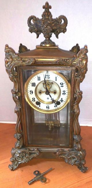 Antique Ansonia Marchioness Mantle Clock Open Escapement Brass Glass Case 2