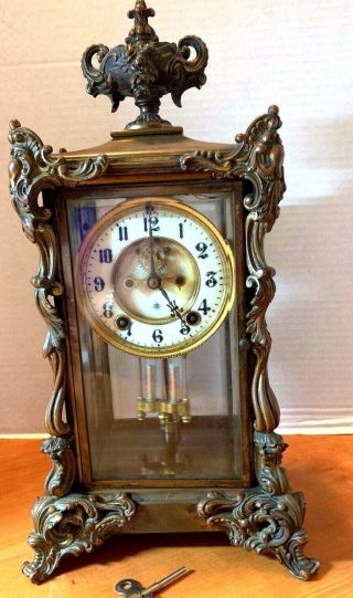 Antique Ansonia Marchioness Mantle Clock Open Escapement Brass Glass Case 3