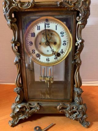 Antique Ansonia Marchioness Mantle Clock Open Escapement Brass Glass Case 4