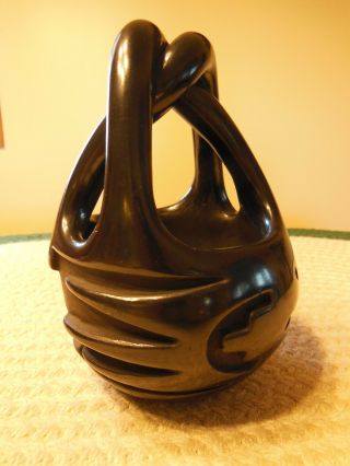 Signed Vintage Santa Clara Pueblo Carved Black Pottery Engagement Wedding Basket
