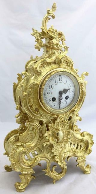 Antique Mantle Clock French Rococo Gilt Pierced Bronze Garniture Set 3