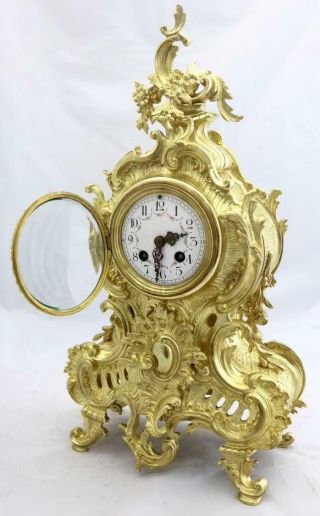 Antique Mantle Clock French Rococo Gilt Pierced Bronze Garniture Set 4