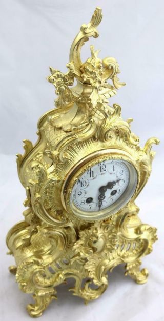 Antique Mantle Clock French Rococo Gilt Pierced Bronze Garniture Set 6