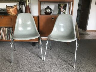 2 - Vintage Herman Miller Eames Mid Century Stacking Chairs,  Gray,  Fiberglass Mcm