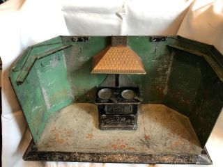 Antique German Dollhouse Miniature Tin Kitchen/room W Stove