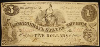 1861 Series Confederate States $5.  00 Note.  T - 36 Civil War.  Jeb Stuart History