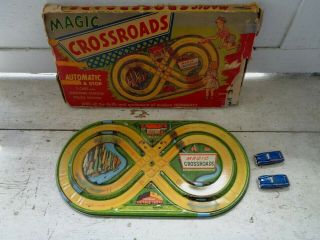 Vintage Magic Crossroads Tin Car Set 2 Cars Key Toy Race Track Wind Up Car Marx