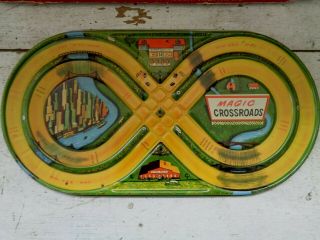 VINTAGE MAGIC CROSSROADS TIN CAR SET 2 CARS KEY TOY RACE TRACK WIND UP CAR MARX 2